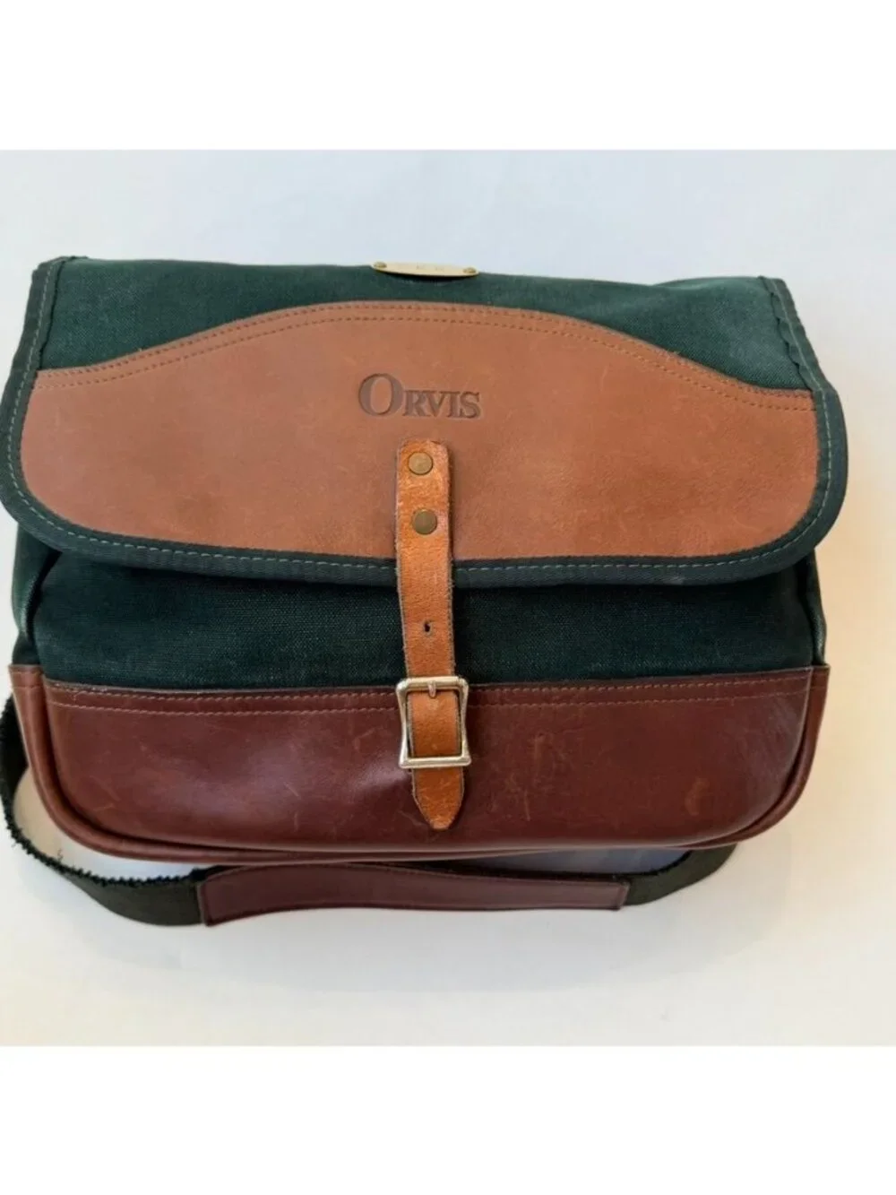 Orvis Vintage Leather Canvas Messenger Bag Green Brown Crossbody Satchel